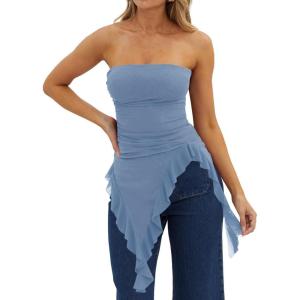 image:imageWomens Strapless Tube Tops Summer Asymmetrical Long Ruched Mesh Shirts Cute Y2k Ruffle Hem Going Out Bandeau TopBlue Grey