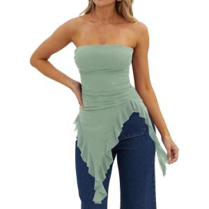 image:imageWomens Strapless Tube Tops Summer Asymmetrical Long Ruched Mesh Shirts Cute Y2k Ruffle Hem Going Out Bandeau TopMint Green