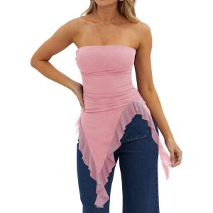 image:imageWomens Strapless Tube Tops Summer Asymmetrical Long Ruched Mesh Shirts Cute Y2k Ruffle Hem Going Out Bandeau TopPink