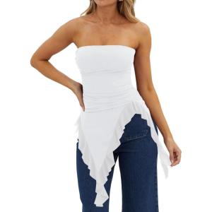 image:imageWomens Strapless Tube Tops Summer Asymmetrical Long Ruched Mesh Shirts Cute Y2k Ruffle Hem Going Out Bandeau TopWhite