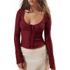 image:imageImily Bela Womens Long Sleeve Scoop Neck Tops Going Out Crop Tops Sexy Slim Fit Blouses Lace Shirt Wine Red