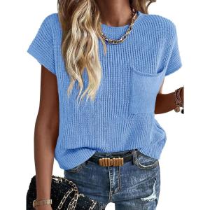 image:imageImily Bela Summer Fall Short Sleeve Sweater for Women 2026 Crew Neck Ribbed Knit Vests Trendy Pullover TopsBlue
