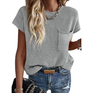 image:imageImily Bela Summer Fall Short Sleeve Sweater for Women 2026 Crew Neck Ribbed Knit Vests Trendy Pullover TopsGrey