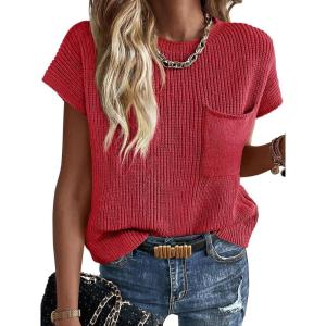 image:imageImily Bela Summer Fall Short Sleeve Sweater for Women 2026 Crew Neck Ribbed Knit Vests Trendy Pullover TopsRed