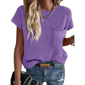 image:imageImily Bela Summer Fall Short Sleeve Sweater for Women 2026 Crew Neck Ribbed Knit Vests Trendy Pullover TopsViolet