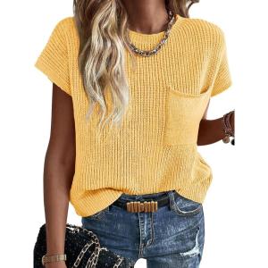 image:imageImily Bela Summer Fall Short Sleeve Sweater for Women 2026 Crew Neck Ribbed Knit Vests Trendy Pullover TopsYellow
