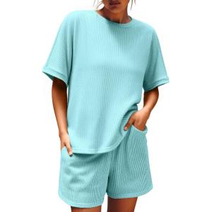 image:imageImily Bela Womens 2 Piece Outfits 2025 Oversized Summer Short Sets Casual Beach Ribbed Short Sleeve Matching Set