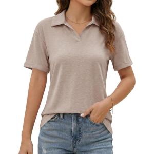 image:imageImily Bela Womens Short Sleeve Polo T Shirts Summer Business Dressy Casual Tops Work Collared V Neck Basic TeesLight Brown