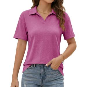 image:imageImily Bela Womens Short Sleeve Polo T Shirts Summer Business Dressy Casual Tops Work Collared V Neck Basic TeesRose Red