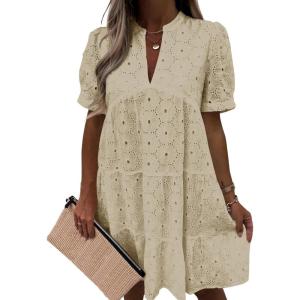 image:imageImily Bela Womens Summer Lace Dresses Eyelet Casual Flowy Babydoll Swing Short Sleeve V Neck Tunic DressKhaki