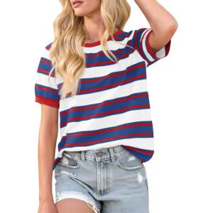 image:imageImily Bela Womens Summer Tops 2026 Striped Color Block Short Puff Sleeve T Shirt Casual Crewneck Loose Basic TeeBlue