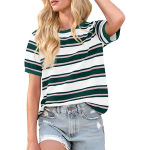 image:imageImily Bela Womens Summer Tops 2026 Striped Color Block Short Puff Sleeve T Shirt Casual Crewneck Loose Basic TeeDark Green