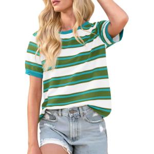 image:imageImily Bela Womens Summer Tops 2026 Striped Color Block Short Puff Sleeve T Shirt Casual Crewneck Loose Basic TeeGreen