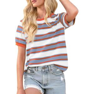 image:imageImily Bela Womens Summer Tops 2026 Striped Color Block Short Puff Sleeve T Shirt Casual Crewneck Loose Basic TeeLight Blue