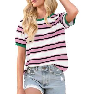 image:imageImily Bela Womens Summer Tops 2026 Striped Color Block Short Puff Sleeve T Shirt Casual Crewneck Loose Basic TeeLight Pink