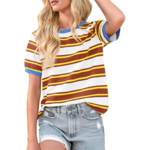 image:imageImily Bela Womens Summer Tops 2026 Striped Color Block Short Puff Sleeve T Shirt Casual Crewneck Loose Basic TeeOrange