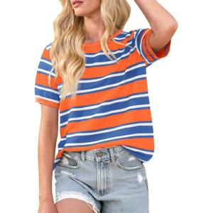 image:imageImily Bela Womens Summer Tops 2026 Striped Color Block Short Puff Sleeve T Shirt Casual Crewneck Loose Basic TeeOrangered