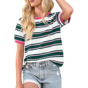 image:imageImily Bela Womens Summer Tops 2026 Striped Color Block Short Puff Sleeve T Shirt Casual Crewneck Loose Basic TeePink