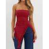 image:imageWomens Strapless Tube Tops Summer Asymmetrical Long Ruched Mesh Shirts Cute Y2k Ruffle Hem Going Out Bandeau TopWine Red