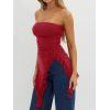 image:imageWomens Strapless Tube Tops Summer Asymmetrical Long Ruched Mesh Shirts Cute Y2k Ruffle Hem Going Out Bandeau TopWine Red