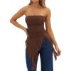 image:imageWomens Strapless Tube Tops Summer Asymmetrical Long Ruched Mesh Shirts Cute Y2k Ruffle Hem Going Out Bandeau TopBrown