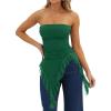 image:imageWomens Strapless Tube Tops Summer Asymmetrical Long Ruched Mesh Shirts Cute Y2k Ruffle Hem Going Out Bandeau TopDark Green