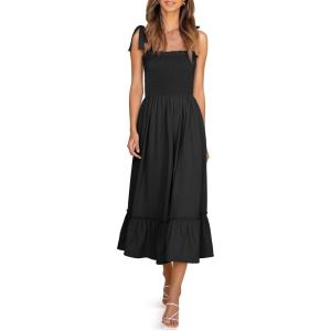 image:imageImily Bela Womens Summer Floral Boho Dress Tie Strap Square Neck Smocked Ruffle A Line Beach Long Maxi DressesZ1black