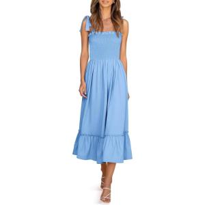 image:imageImily Bela Womens Summer Floral Boho Dress Tie Strap Square Neck Smocked Ruffle A Line Beach Long Maxi DressesZ1blue