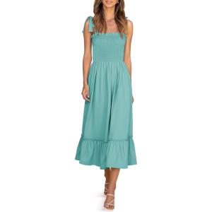 image:imageImily Bela Womens Summer Floral Boho Dress Tie Strap Square Neck Smocked Ruffle A Line Beach Long Maxi DressesZ1green