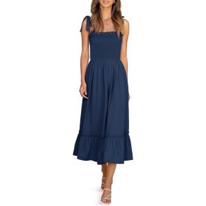 image:imageImily Bela Womens Summer Floral Boho Dress Tie Strap Square Neck Smocked Ruffle A Line Beach Long Maxi DressesZ1navy