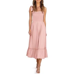 image:imageImily Bela Womens Summer Floral Boho Dress Tie Strap Square Neck Smocked Ruffle A Line Beach Long Maxi DressesZ1pink