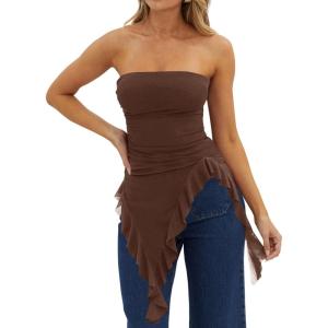 image:imageWomens Strapless Tube Tops Summer Asymmetrical Long Ruched Mesh Shirts Cute Y2k Ruffle Hem Going Out Bandeau TopBrown