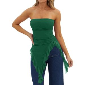 image:imageWomens Strapless Tube Tops Summer Asymmetrical Long Ruched Mesh Shirts Cute Y2k Ruffle Hem Going Out Bandeau TopDark Green