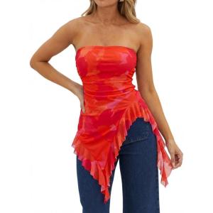 image:imageWomens Strapless Tube Tops Summer Asymmetrical Long Ruched Mesh Shirts Cute Y2k Ruffle Hem Going Out Bandeau TopOrange