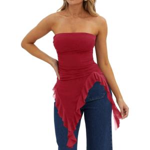 image:imageWomens Strapless Tube Tops Summer Asymmetrical Long Ruched Mesh Shirts Cute Y2k Ruffle Hem Going Out Bandeau TopWine Red