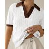 image:imageImily Bela Womens Cable Short Sleeve Sweaters Tops Solid Lapel V Neck Knit Casual Soft Pullover Shirt ZBrown
