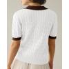 image:imageImily Bela Womens Cable Short Sleeve Sweaters Tops Solid Lapel V Neck Knit Casual Soft Pullover Shirt ZBrown