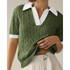 image:imageImily Bela Womens Cable Short Sleeve Sweaters Tops Solid Lapel V Neck Knit Casual Soft Pullover ShirtZ1army Green