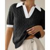 image:imageImily Bela Womens Cable Short Sleeve Sweaters Tops Solid Lapel V Neck Knit Casual Soft Pullover ShirtZ1black