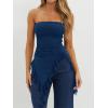 image:imageWomens Strapless Tube Tops Summer Asymmetrical Long Ruched Mesh Shirts Cute Y2k Ruffle Hem Going Out Bandeau Top Navy Blue