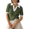 image:imageImily Bela Womens Cable Short Sleeve Sweaters Tops Solid Lapel V Neck Knit Casual Soft Pullover ShirtZ1army Green