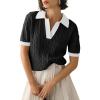image:imageImily Bela Womens Cable Short Sleeve Sweaters Tops Solid Lapel V Neck Knit Casual Soft Pullover ShirtZ1black