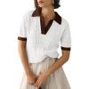 image:imageImily Bela Womens Cable Short Sleeve Sweaters Tops Solid Lapel V Neck Knit Casual Soft Pullover ShirtZ1brown