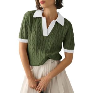 image:imageImily Bela Womens Cable Short Sleeve Sweaters Tops Solid Lapel V Neck Knit Casual Soft Pullover ShirtZ1army Green