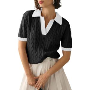 image:imageImily Bela Womens Cable Short Sleeve Sweaters Tops Solid Lapel V Neck Knit Casual Soft Pullover ShirtZ1black