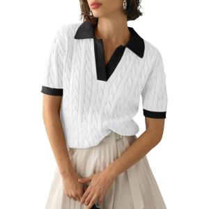 image:imageImily Bela Womens Cable Short Sleeve Sweaters Tops Solid Lapel V Neck Knit Casual Soft Pullover ShirtZ1white