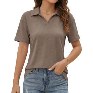 image:imageImily Bela Womens Short Sleeve Polo T Shirts Summer Business Dressy Casual Tops Work Collared V Neck Basic TeesCoffee