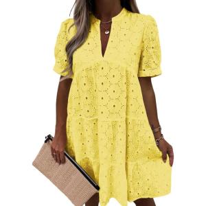 image:imageImily Bela Womens Summer Lace Dresses Eyelet Casual Flowy Babydoll Swing Short Sleeve V Neck Tunic DressLemon Tellow