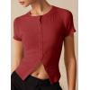 image:imageImily Bela Womens Short Sleeve Sweater Tops Summer Button Down Casual Ribbed Knit Slim Fit Cropped Cardigan ShirtsCaramel