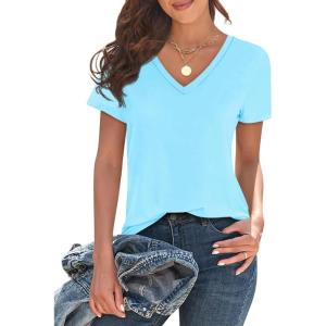 image:imageImily Bela Womens V Neck Tshirts Shirts Solid Color Short Sleeve Tops for Women Casual 2026 Summer Basic Tees Loose FitBluegreen